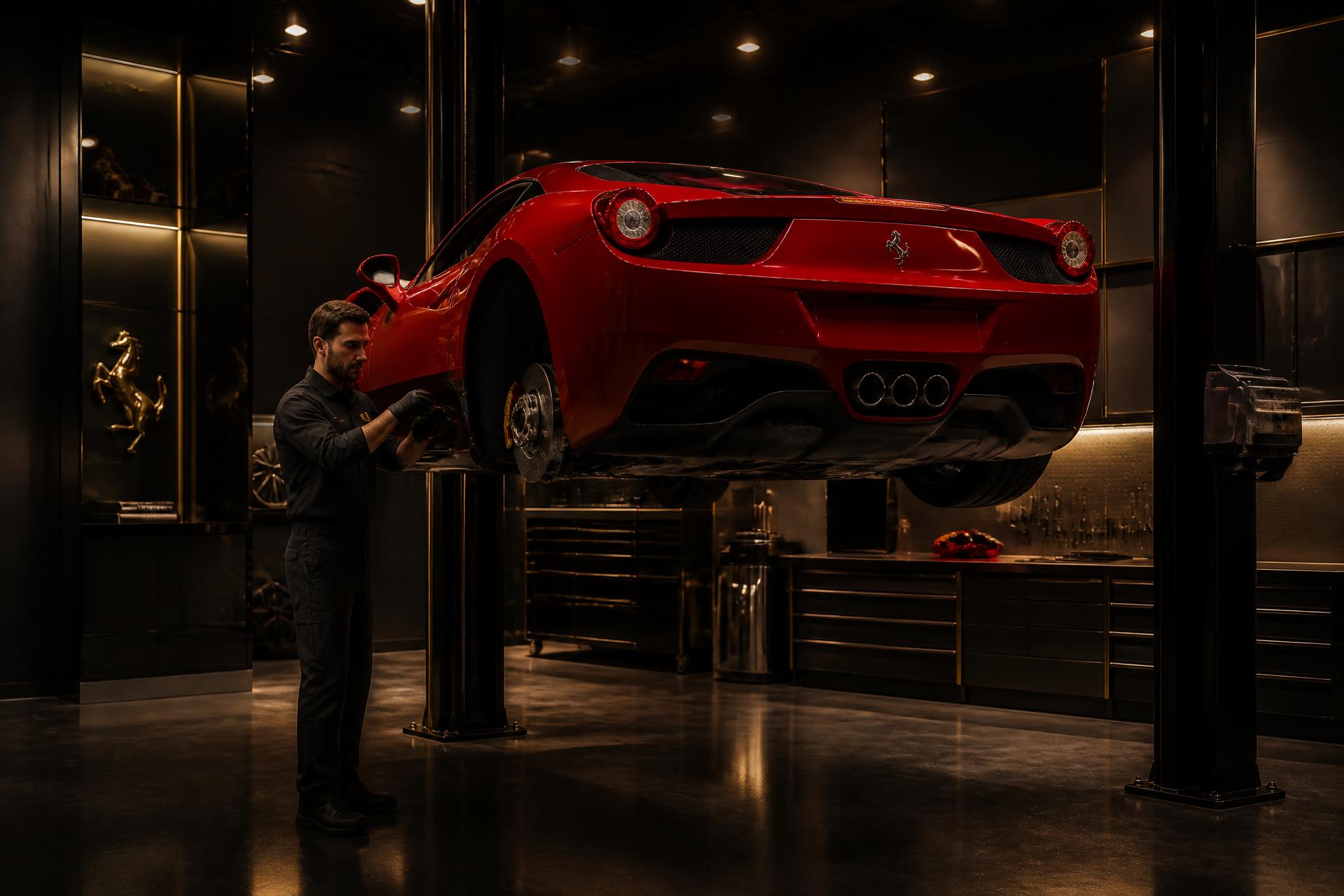 Exotic supercar on a lift inside the Velocity service atelier